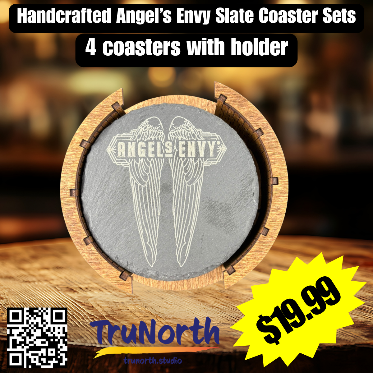 Angel's Envy Premium Slate Coaster Set of 4 with Wooden Holder