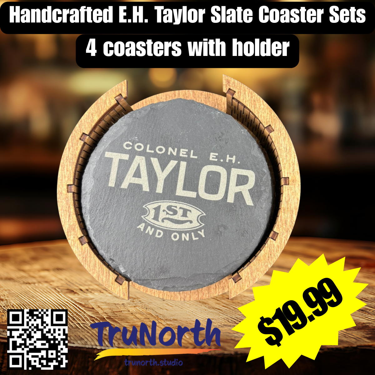 E.H. Taylor Premium Slate Coaster Set of 4 with Wooden Holder
