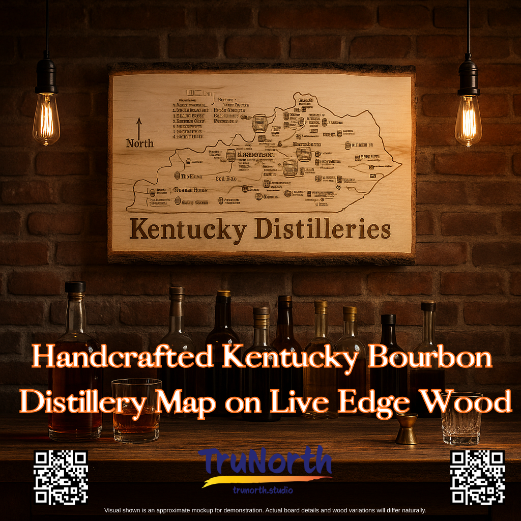 Handcrafted Kentucky Bourbon Distillery Map on Live Edge Wood