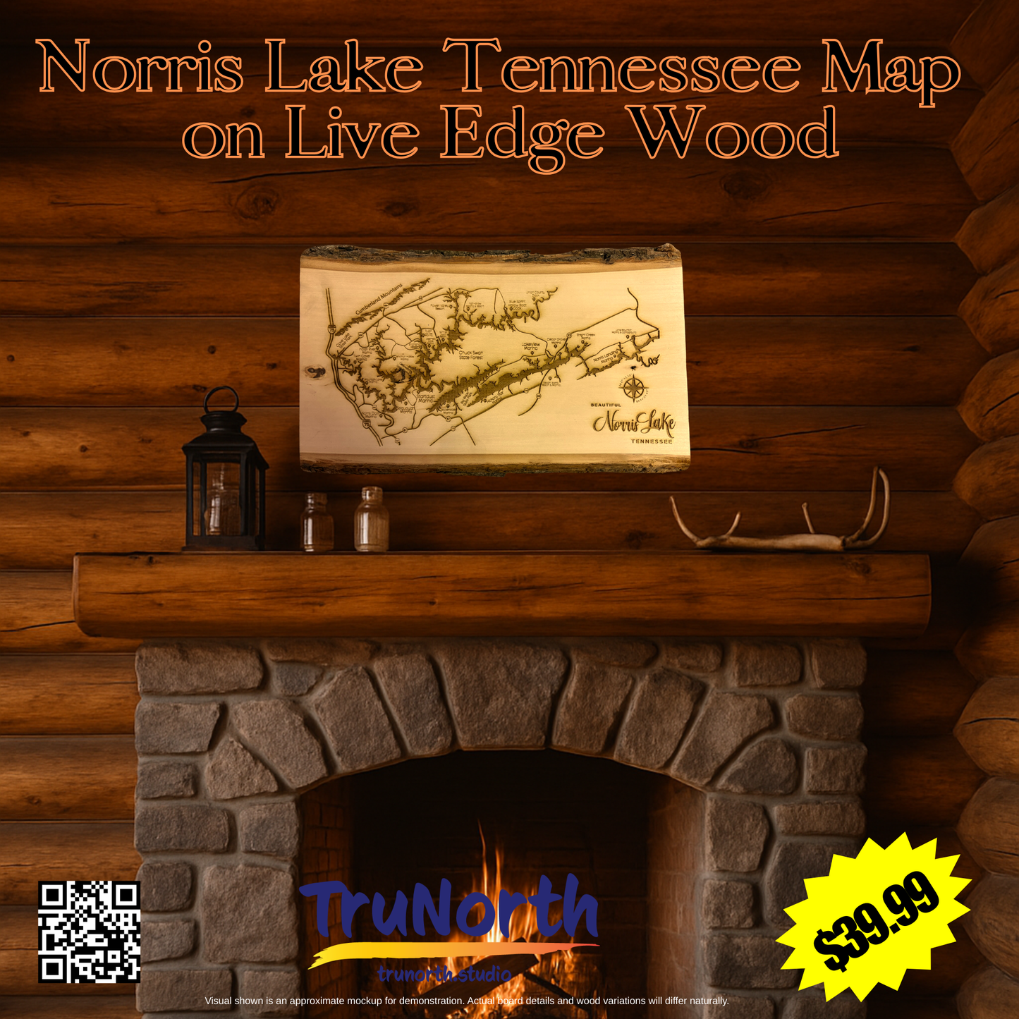 Handcrafted Norris Lake Tennessee Map on Live Edge Wood