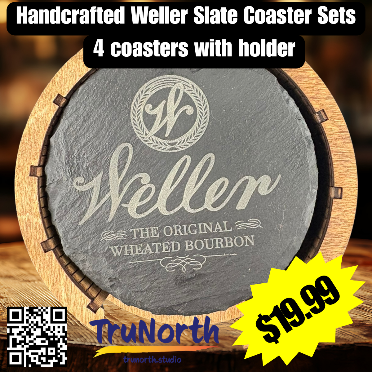 Weller Premium Slate Coaster Set of 4 with Wooden Holder