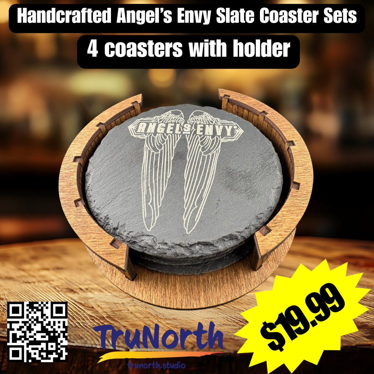 Angel's Envy Premium Slate Coaster Set of 4 with Wooden Holder