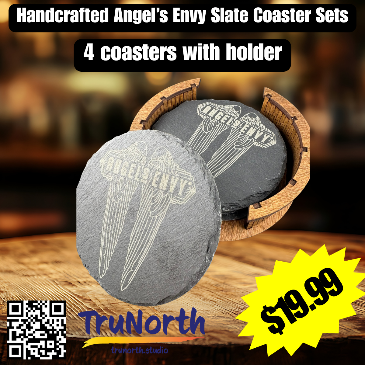 Angel's Envy Premium Slate Coaster Set of 4 with Wooden Holder