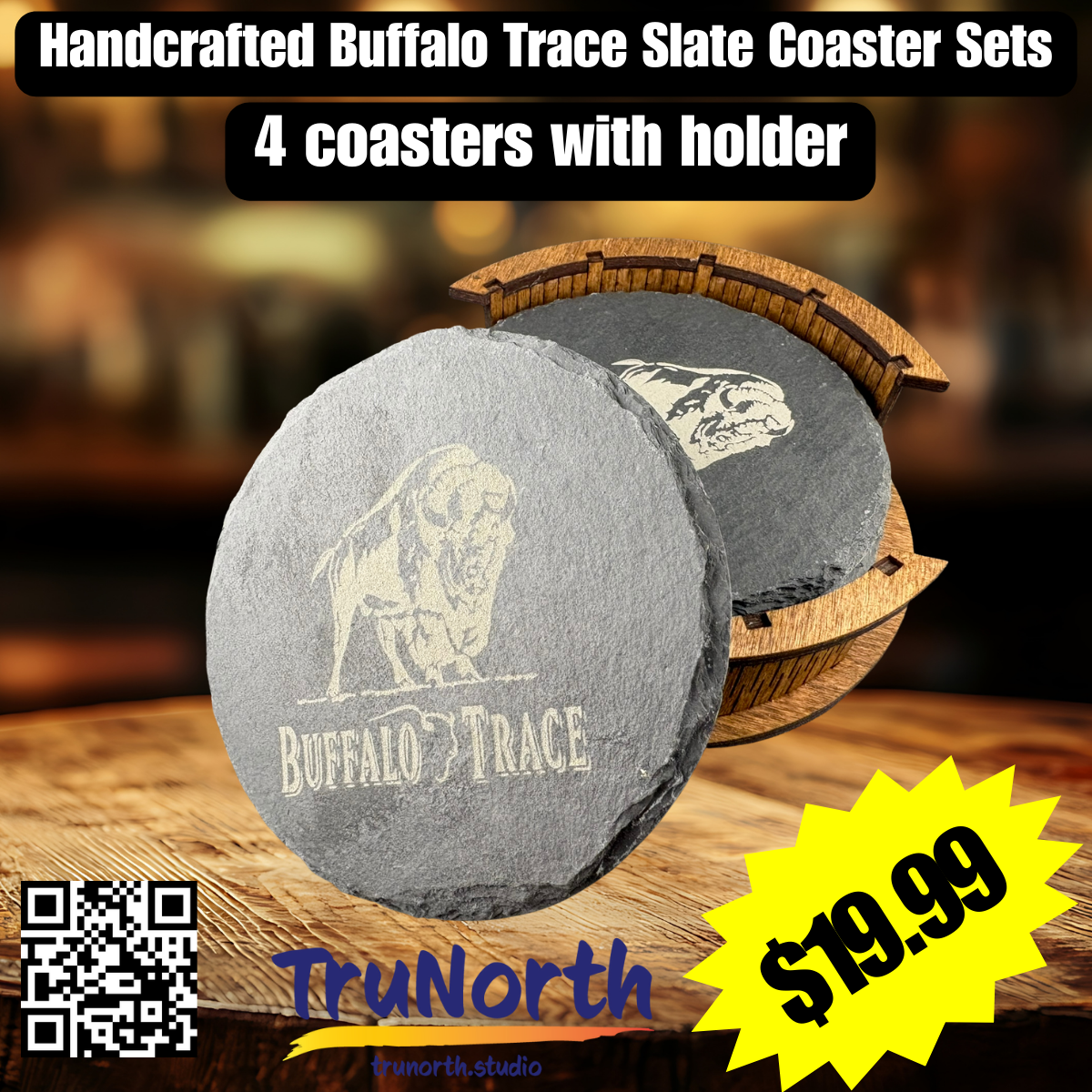 Buffalo Trace Premium Slate Coaster Set of 4 with Wooden Holder