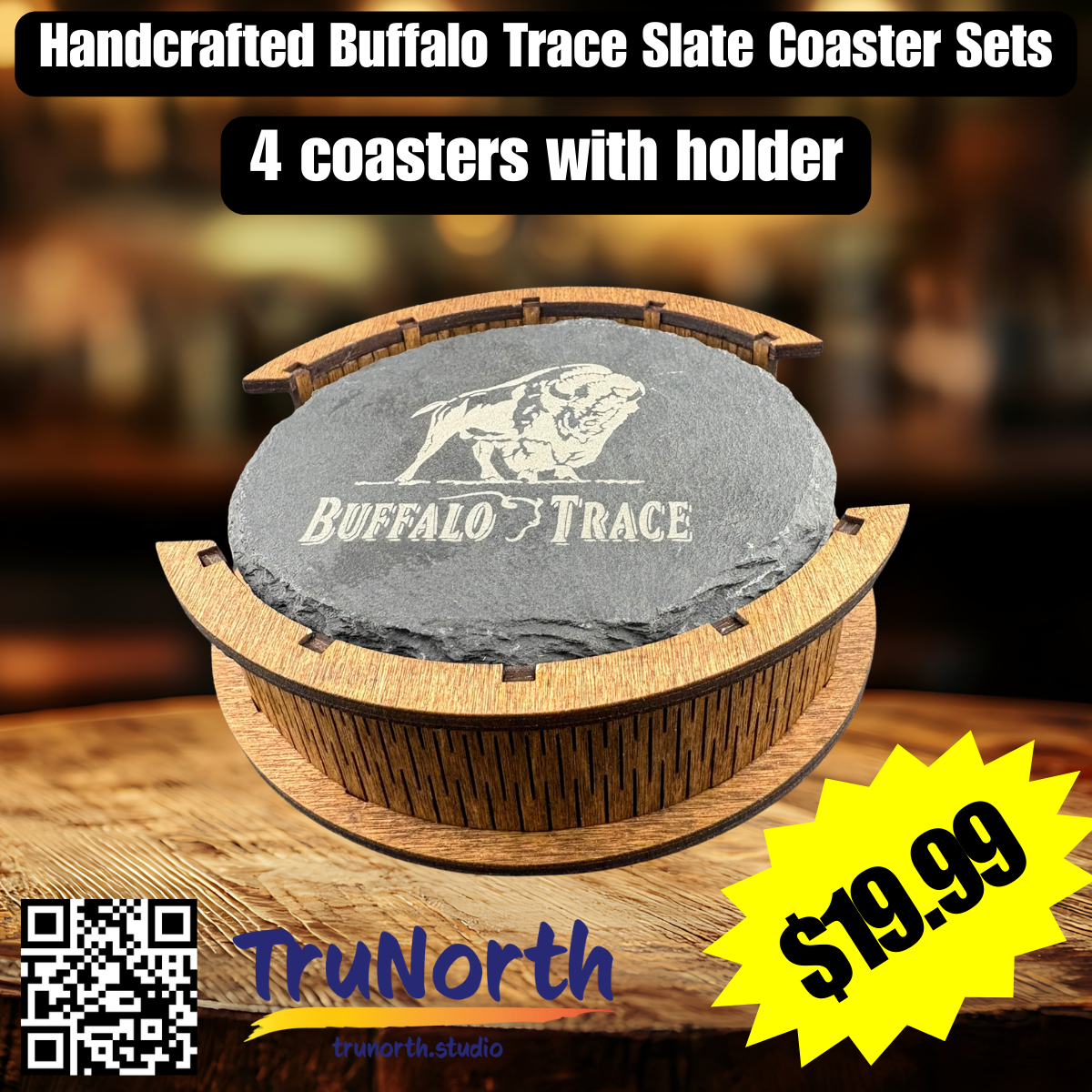 Buffalo Trace Premium Slate Coaster Set of 4 with Wooden Holder