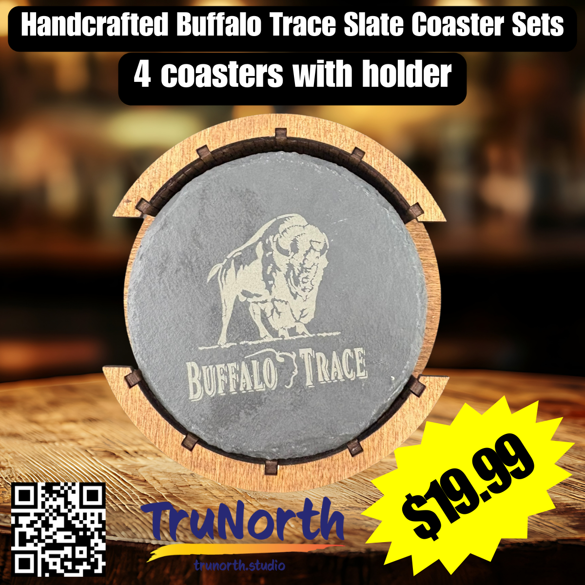 Buffalo Trace Premium Slate Coaster Set of 4 with Wooden Holder