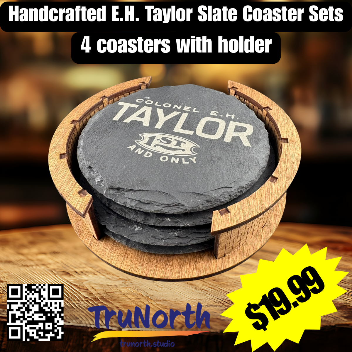 E.H. Taylor Premium Slate Coaster Set of 4 with Wooden Holder