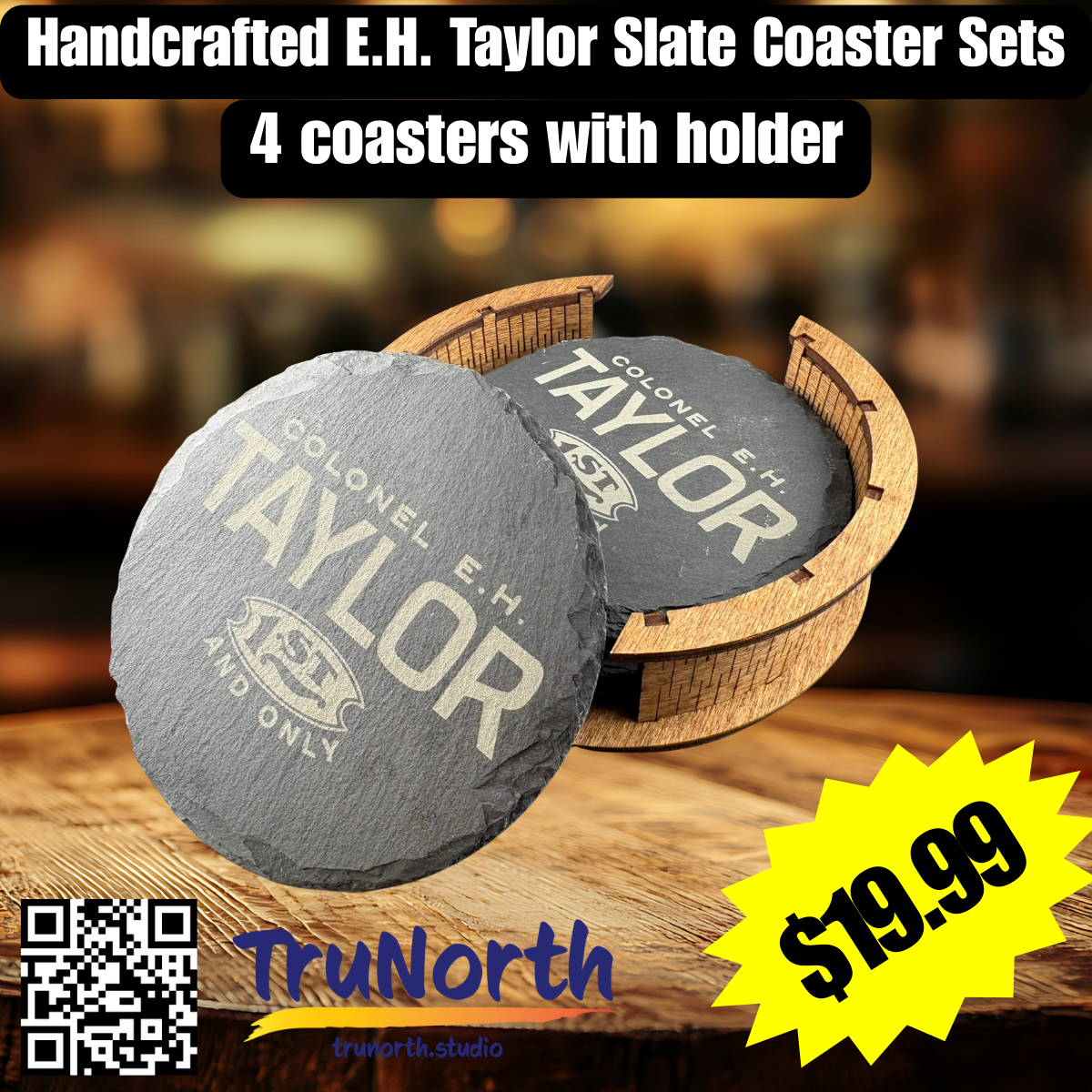 E.H. Taylor Premium Slate Coaster Set of 4 with Wooden Holder