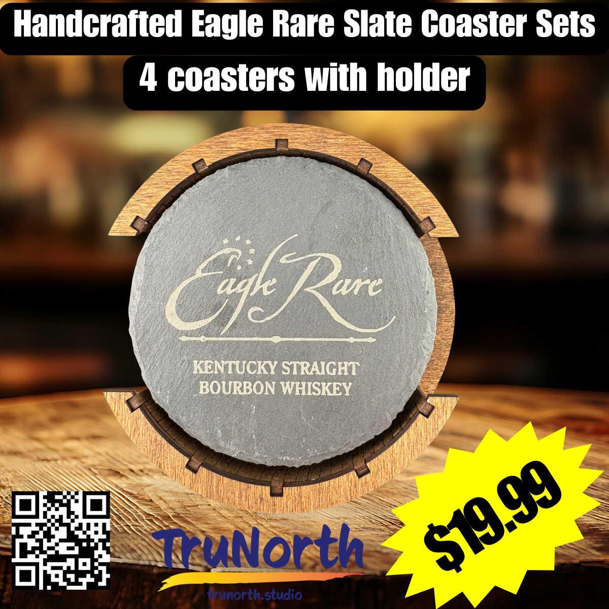 Eagle Rare Premium Slate Coaster Set of 4 with Wooden Holder