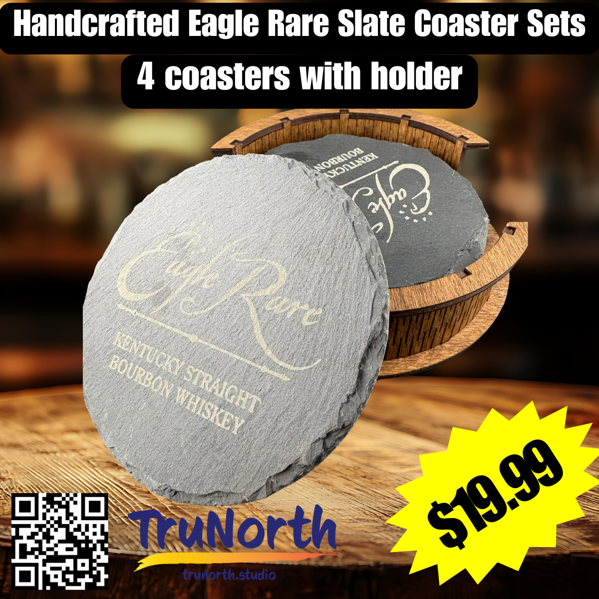 Eagle Rare Premium Slate Coaster Set of 4 with Wooden Holder