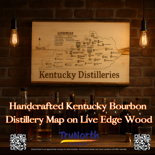 Handcrafted Kentucky Bourbon Distillery Map on Live Edge Wood