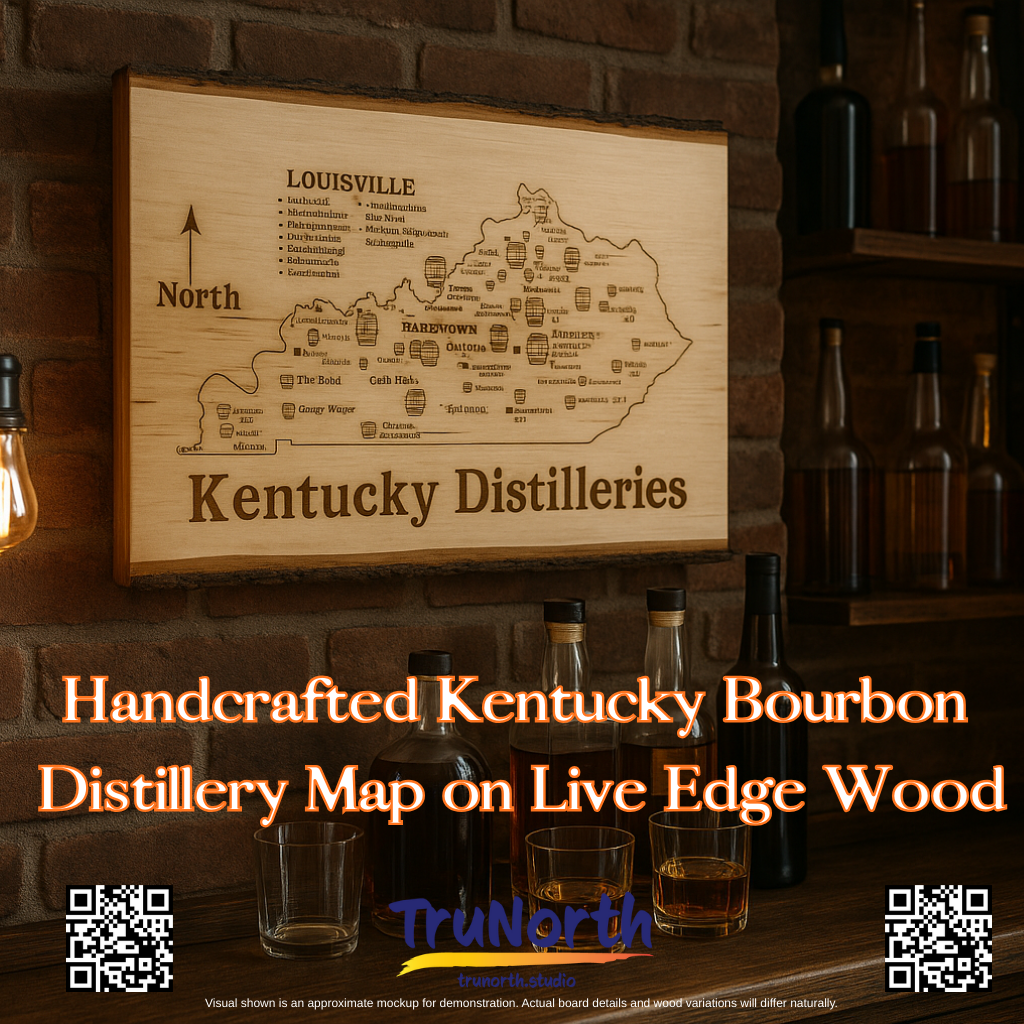 Handcrafted Kentucky Bourbon Distillery Map on Live Edge Wood
