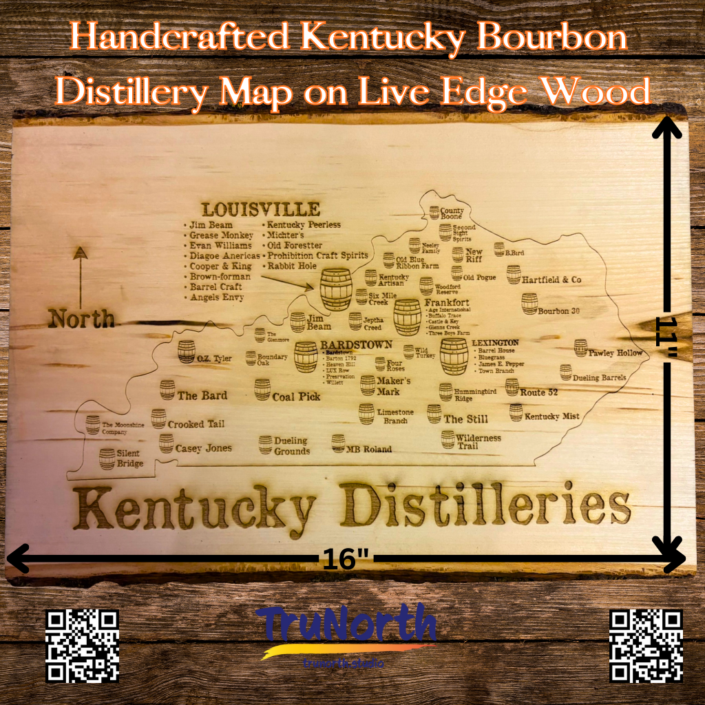 Handcrafted Kentucky Bourbon Distillery Map on Live Edge Wood