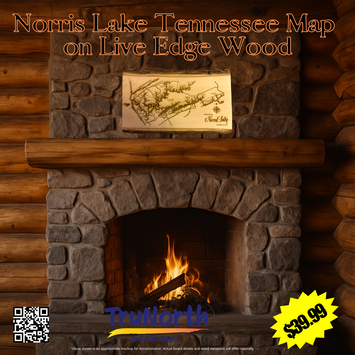 Handcrafted Norris Lake Tennessee Map on Live Edge Wood