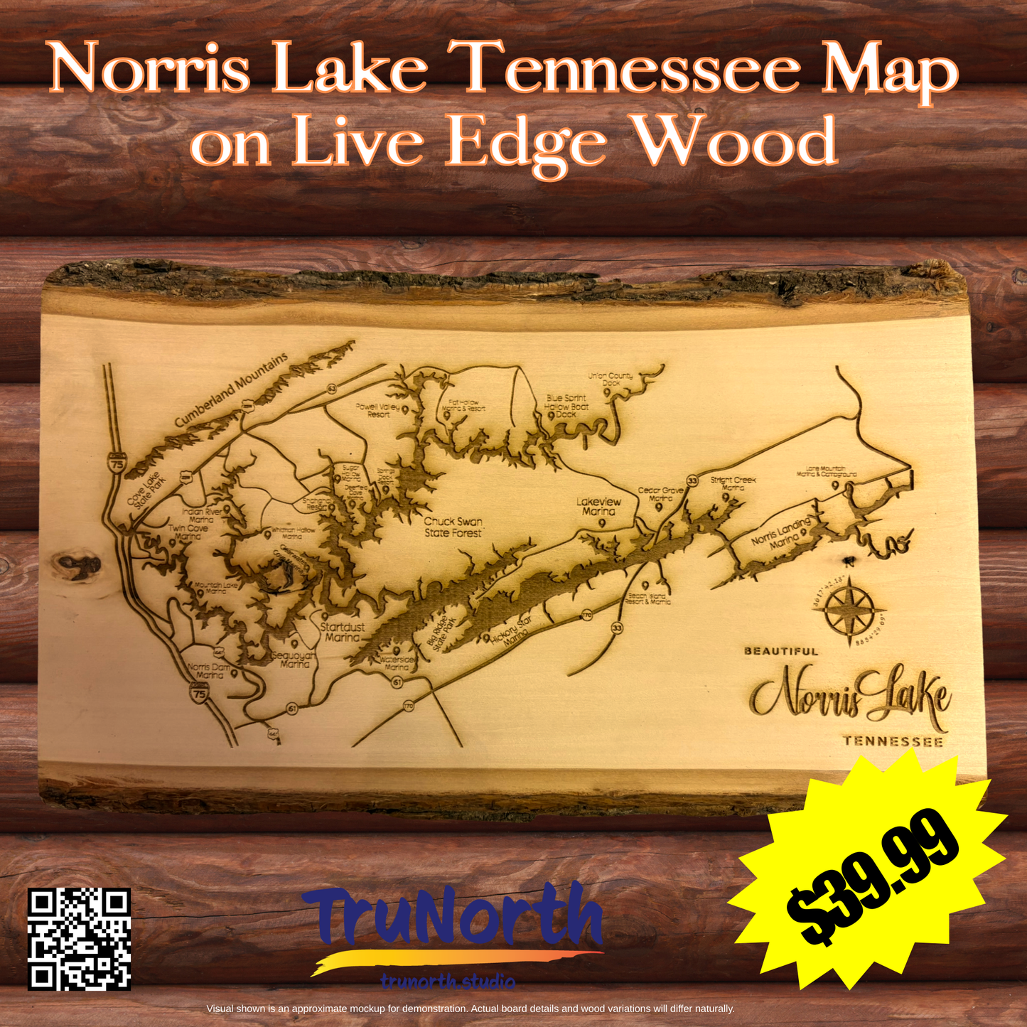 Handcrafted Norris Lake Tennessee Map on Live Edge Wood