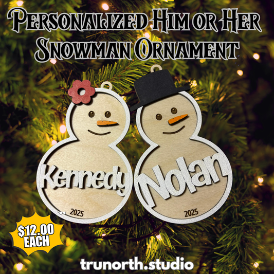 Personalized Him & Her Snowman Ornament| FREE wooden keepsake box for orders of two or more