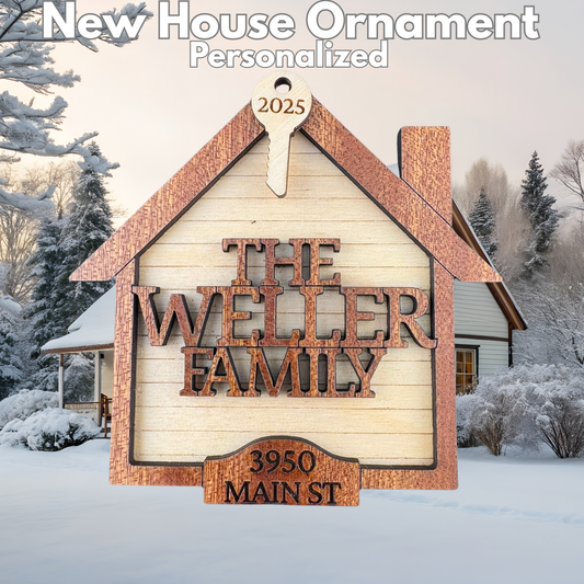 Personalized New Home Ornament – Custom Family Name, Address & Year Key