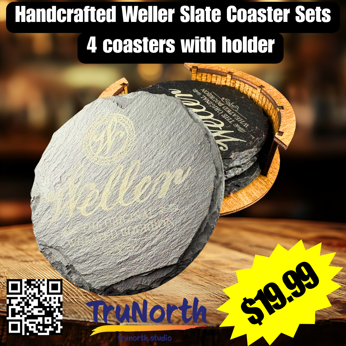 Weller Premium Slate Coaster Set of 4 with Wooden Holder
