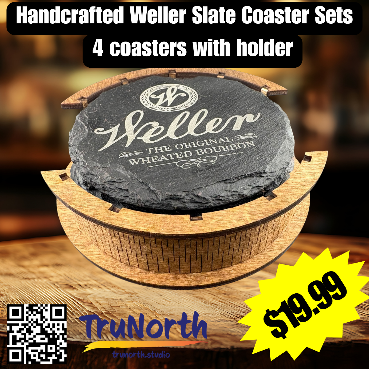 Weller Premium Slate Coaster Set of 4 with Wooden Holder