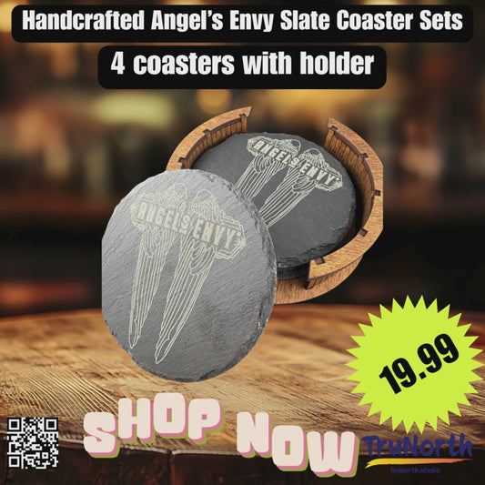 Angel's Envy Premium Slate Coaster Set of 4 with Wooden Holder