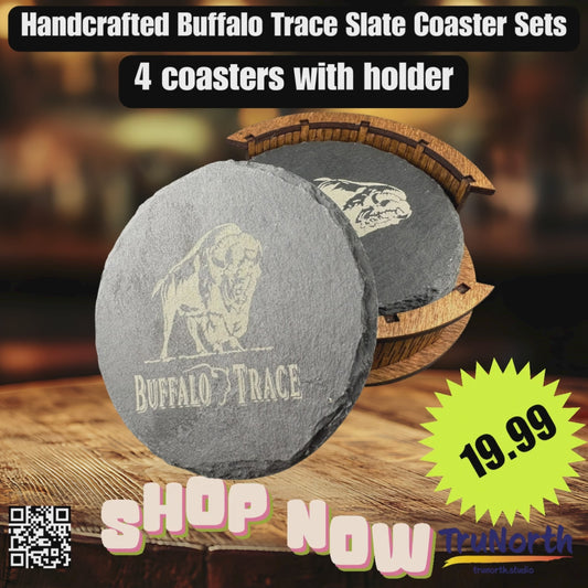 Buffalo Trace Premium Slate Coaster Set of 4 with Wooden Holder