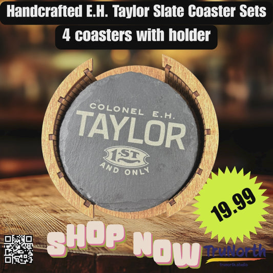 E.H. Taylor Premium Slate Coaster Set of 4 with Wooden Holder
